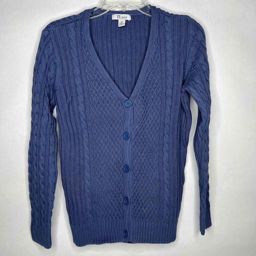 The Tog Shop Women's M Blue Cable Knit V Neck Cardigan Sweater Size Medium